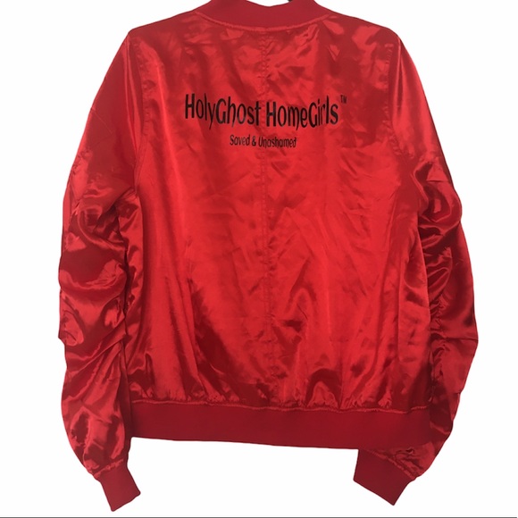 Red with Black Writing Holy Ghost Home Girls Bomber Jacket - Picture 2 of 5